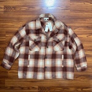 NWT Workshop Republic Oversized Plaid Shacket in Brown, Tan & Blush